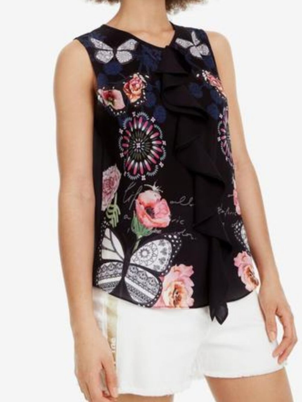 Desigual Whimsygoth Butterfly Ruffle Blouse Medium Graphic Floral Tank